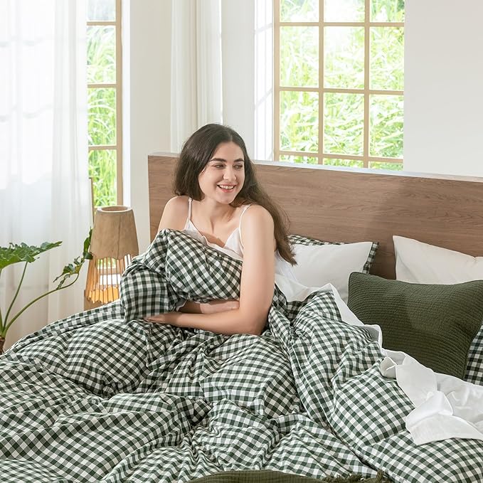 MooMee Gingham Duvet Cover Set 100% Washed Cotton Linen Like Textured Breathable Durable Soft Comfy Modern Checkered Design (Forest Green Gingham, Cal King 104"x98")