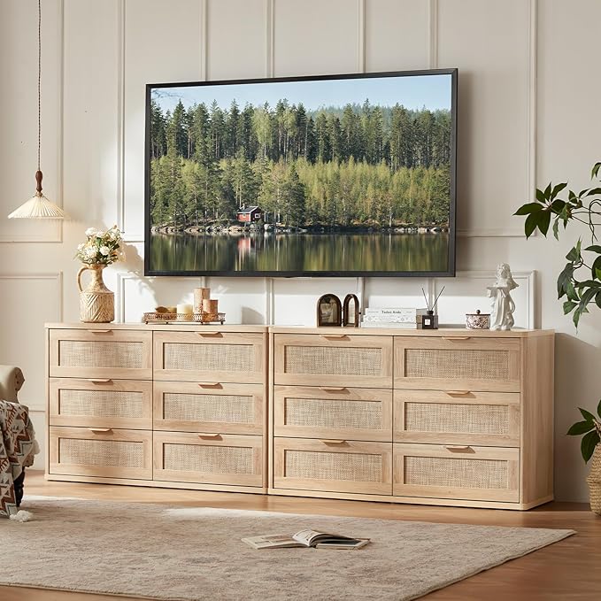 LEYAOYAO Rattan Dresser and Nightstand Sets 3 Piece, Boho Wood Dresser for Bedroom with 6 Drawers and Night Stand with 3 Drawer, Bedroom Furniture, Dressers & Chests of Drawers, Living Room, Hallway