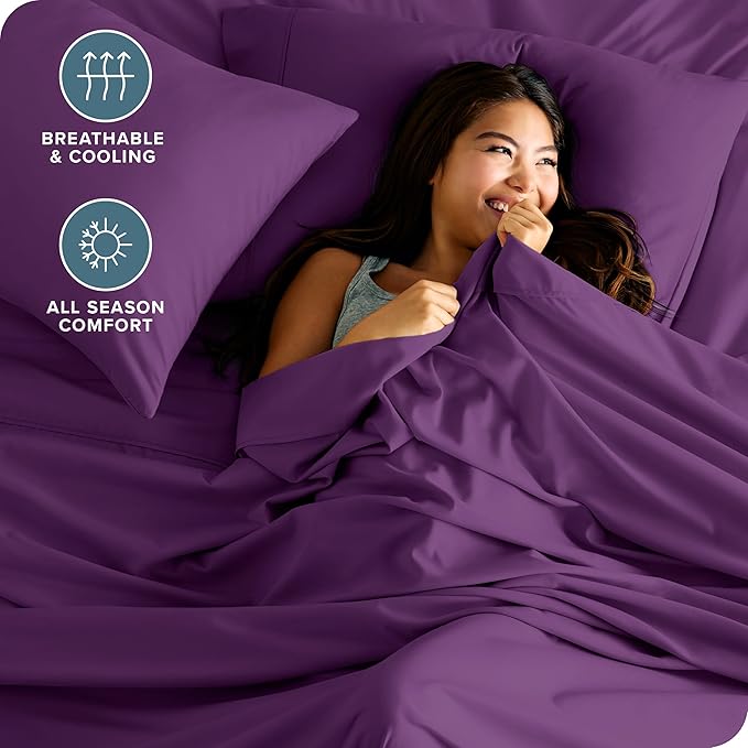 Bare Home Hotel Luxury Twin XL Sheet Set, Extra Soft - 4 Piece Set - Deep Pockets - Easy Fit - Cooling & Breathable - Wrinkle, Fade, Stain Resistant - Includes 2 Pillowcases (Twin XL, Plum)