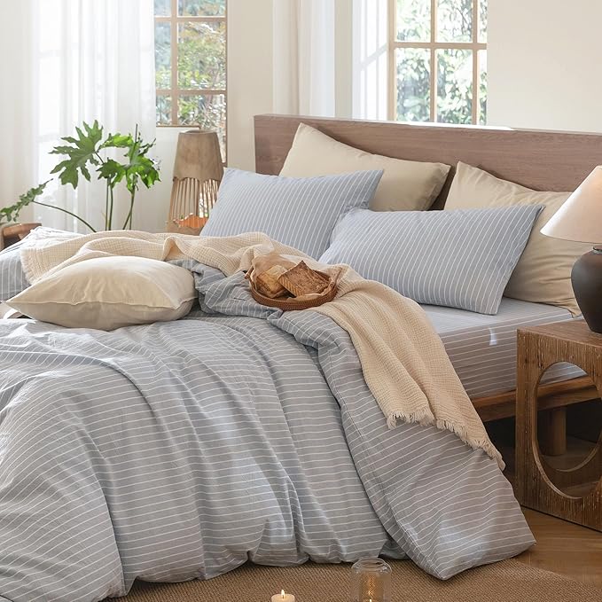 MooMee Striped Duvet Cover Set 100% Washed Cotton Linen Like Textured Breathable Durable Soft Comfy (Cornflower Blue White Wide Stripes, Full 80"x90")