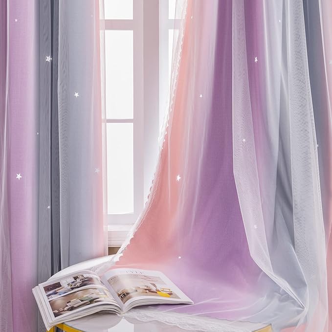 XiDi Dream Star Blackout Curtains for Kids Rooms Girls Princess Curtain for Bedroom Window 84 inches Long (Grey Pink Purple, W52 X L84)