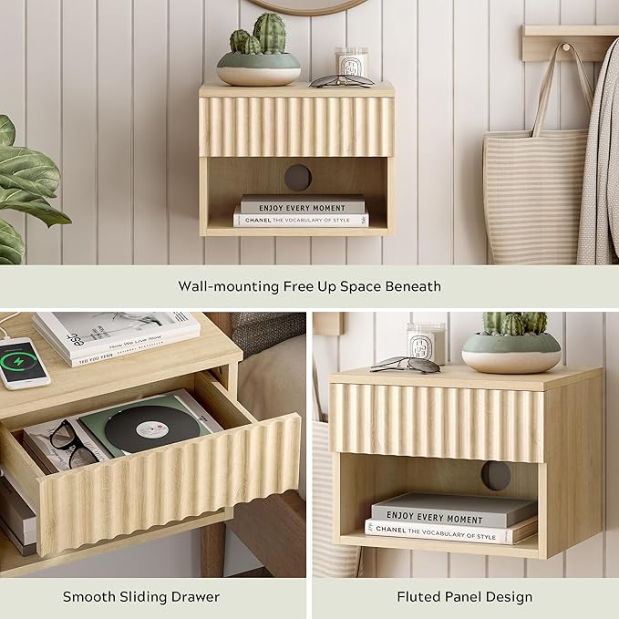 Floating Nightstand Set of 2 with Drawer, Fluted Modern Night Stand with Fluted Door and Open Storage Shelf Wall Mounted Bedside Table for Bedroom, Entryway Light Oak