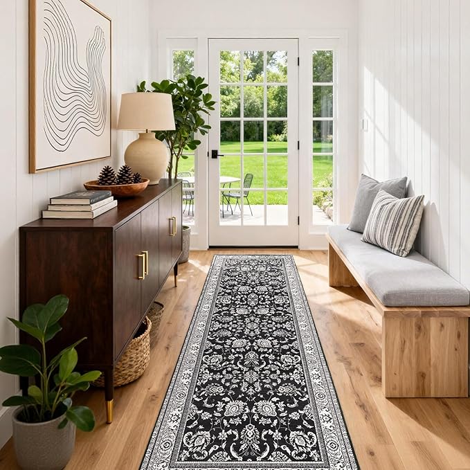3x6 Washable Floral Runner Rug: Runners for Hallways Non Slip Indoor Rugs Low Pile Kitchen Runner Ultra Soft Vintage Rug Floor Carpet for Bedroom Living Room Dining Bathroom Black White