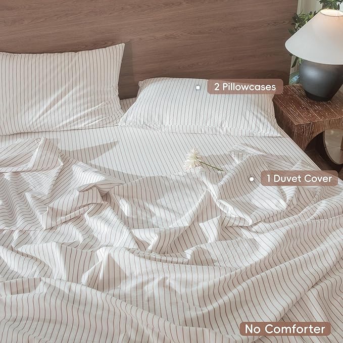MooMee Striped Duvet Cover Set 100% Washed Cotton Linen Like Textured Breathable Durable Soft Comfy (White Orange Wide Stripes, Cal King 104"x98")