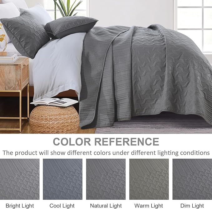 Yiran Grey Quilt Set King Size Lightweight Bedspread Ultrasonic Wave Pattern Soft Microfiber Coverlet for All Season Modern Style 3 Piece Bed Cover Sets with 2 Pillow Shams (106"x96")