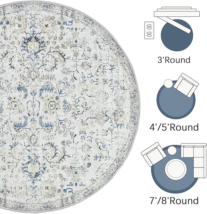 jinchan Kalen Round Rug 4ft Area Rug Washable Vintage Indoor Retro Accent Entryway Floor Cover Distressed Floral 4' Round Circle Boho Non Slip Thin Carpet for Bedroom Living Room Dining Room Blue