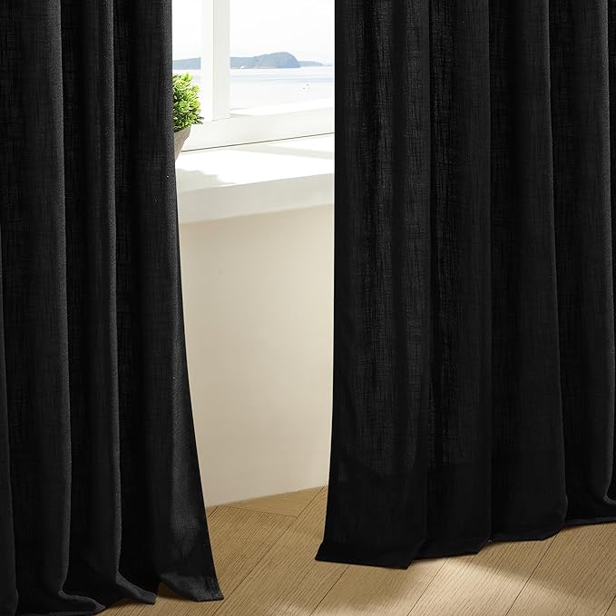Black Linen Semi Sheer Curtains 90 Inches Long for Living Room Bedroom Light Filtering Black Textured Burlap Pinch Pleated Curtains 90 Length Hooks Rings Back Tab for Sliding Door 2 Panels