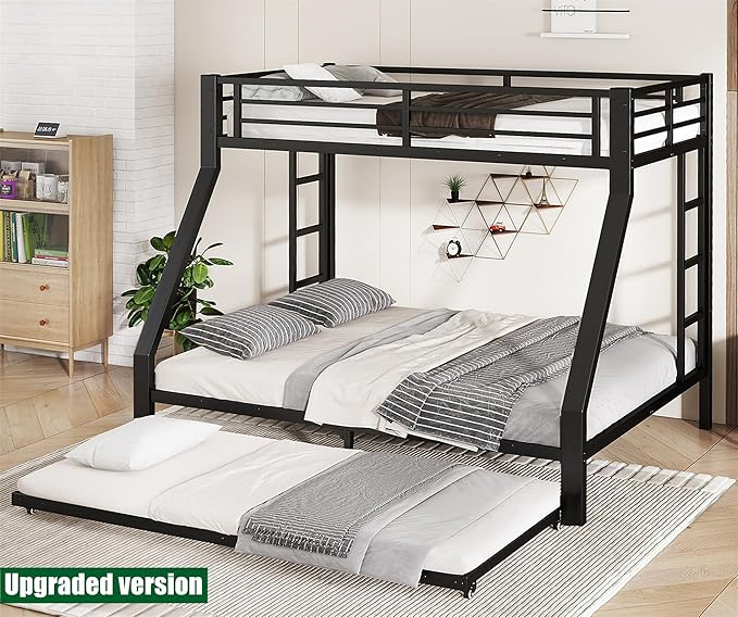 Upgraded & Stronger Heavy Duty Metal Twin XL Over Queen Bunk Bed with Twin Size Trundle for Adults & Teens, Thickened More Stable Safer Bunkbeds (Greater Weight Capacity)