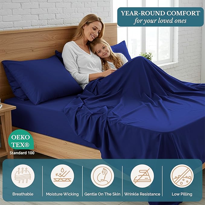 Casa Platino California King Size Bedding Set - Pre-Washed, Ultra Soft Bed Sheets Set - Brushed Microfiber Fade Resistant California King Size Bed Set with Deep Pockets - Navy