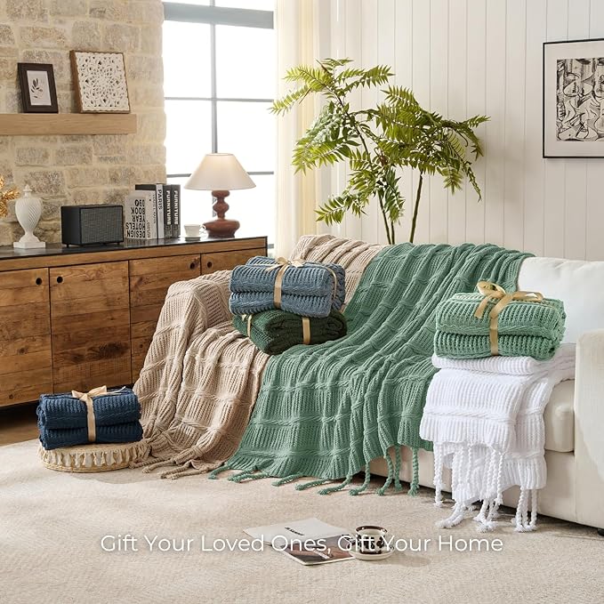 Boho Knitted Chenille Blanket with Tassels - Lightweight & Soft All-Season Throw - 3D Classic Pattern for Living Room Bedroom Couch, Sage Green, Queen 90"x90"