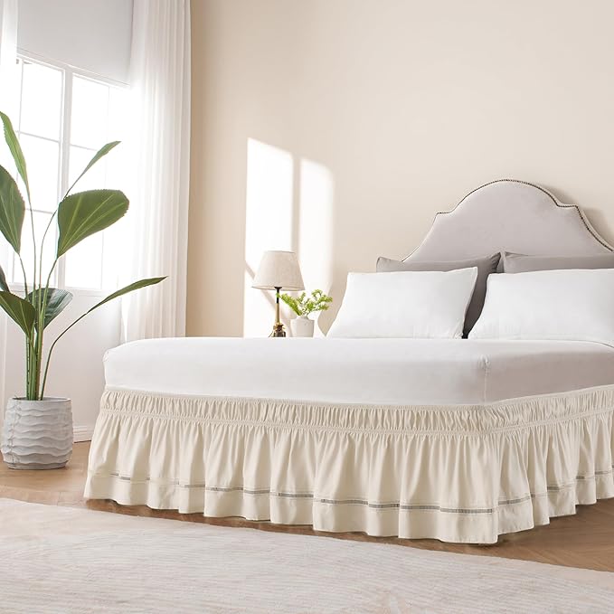 MIYE Wrap Around Ruffled Lace Bed Skirt, Elastic Dust Ruffle with Adjustable Belts, Easy to Put On, Bed Frame Cover, Machine Washable (Ruffled Lace/Light Beige, King/Queen-18 Drop)