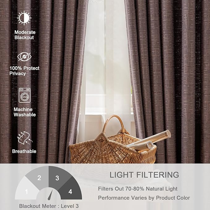 Jacquard Linen Curtains 72 inch Length 2 Panels Thick Faux Linen Blended Window Drapes Burlap Textured Curtains with Grommet for Living Room Bedroom Farmhouse (52x72 Fashion Purple) Natural