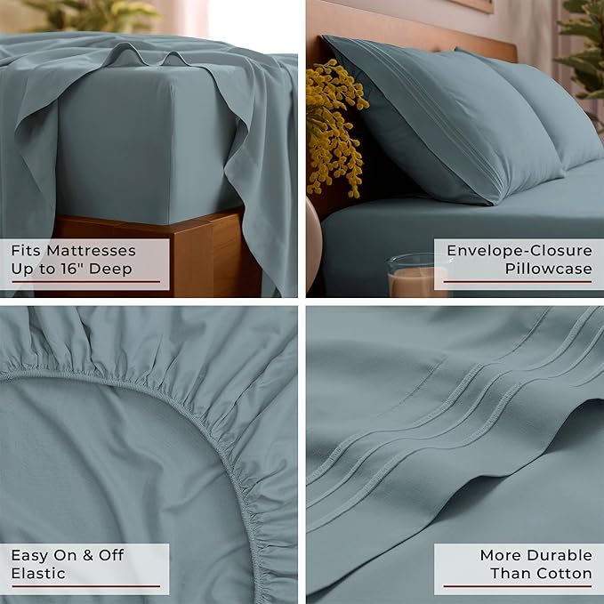 Mellanni King Sheet Set - 6-Piece Iconic Collection Bedding, (Including 4 Pillowcases), 16-Inch Deep Pocket, Easy Care, Extra Soft, Cooling Sheets, Brushed Microfiber - Spa Blue