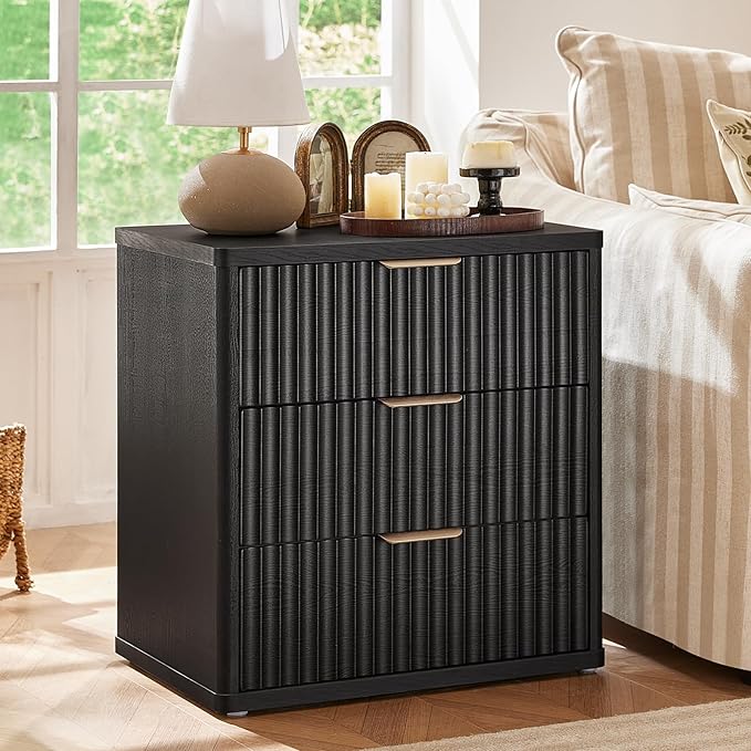 LEYAOYAO 48" Wide Fluted Dresser and 3 Drawers 23" Nightstand Set of 2, Wooden Dresser & Night Stand with Charging Station, 3 Piece Bedroom Furniture Set, Chest of Drawer for Living Room,Black