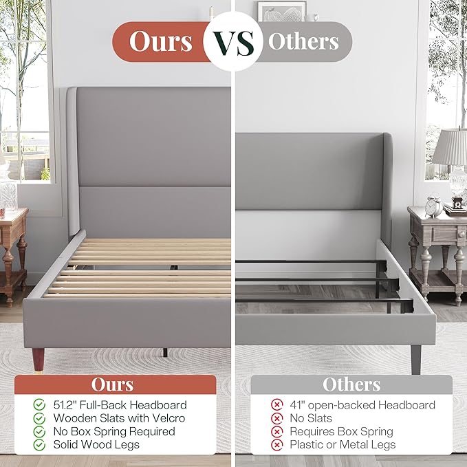 Jocisland Queen Upholstered Platform Bed Frame with 51.2" Tall Wingback Headboard–Solid Wood Legs, No Box Spring Needed, Light Grey Linen–Modern Style for Any Bedroom