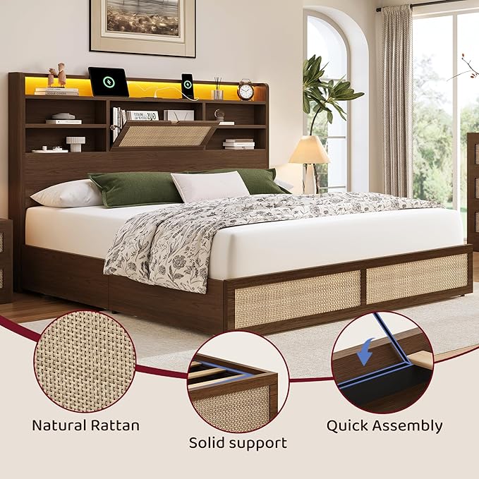Queen Size Rattan Bed Frame with 4 Storage Drawers and Hidden Storage Headboard Wooden Platform Bed Frame with LED Lights and Charging Station, No Box Spring Needed, Easy Assembly, Brown