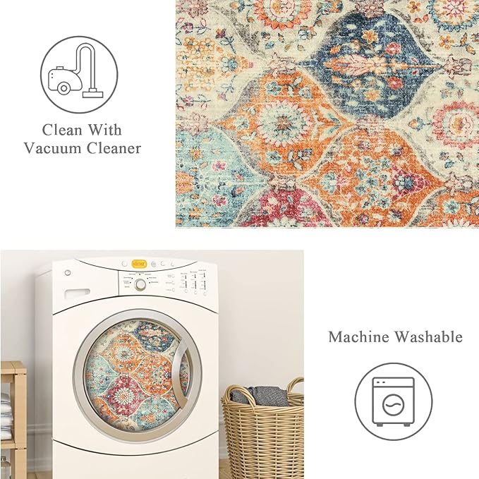 Lahome Moroccan Hallway Runner Rug, 2'5''x8' Ultra-Thin Washable Runners for Hallways Kitchen, Oriental Laundry Room Rug Non-Slip Vintage Long Carpet for Entryway Bedroom Bathroom, Cream/Multi