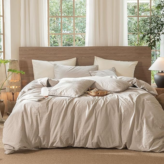 MooMee Wavy Striped Duvet Cover Set 100% Washed Cotton Linen Like Textured Breathable Durable Soft Comfy (Beige, Twin 68"x90")