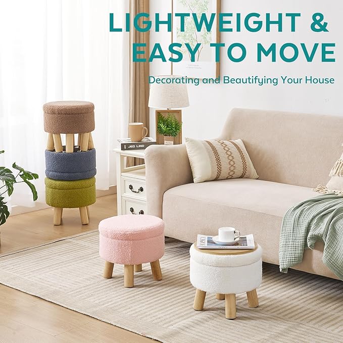 FIMIVIBI Small Foot Stool Ottoman with Storage, Sherpa Ottoman Foot Rest for Couch, Round Footstool with Storage, Small Ottomans and Footstools for Living Room and Entryway (Navy Blue)