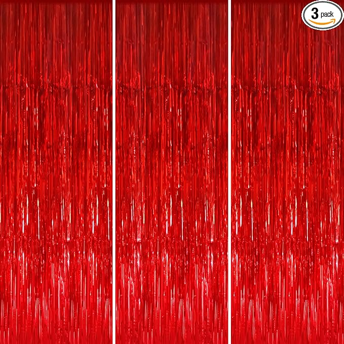 GOER 3.2 ft x 8.2 ft Metallic Tinsel Foil Fringe Curtains Party Photo Backdrop Party Streamers for Birthday,Graduation,New Year Eve Decorations Wedding Decor (3 Pcs, Red)