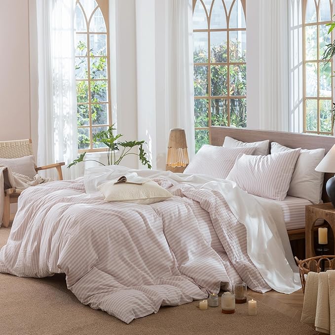 MooMee Striped Duvet Cover Set 100% Washed Cotton Linen Like Textured Breathable Durable Soft Comfy (Heathered Greyish Pink Classic Stripes, Oversized Full 82"x86")