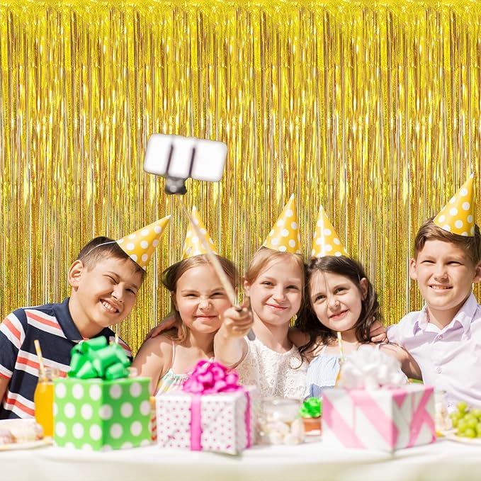 GOER 3.2 ft x 8.2 ft Metallic Tinsel Foil Fringe Curtains Party Photo Backdrop Party Streamers for Birthday,Graduation,New Year Eve Decorations Wedding Decor (2 Packs,Laser Gold)