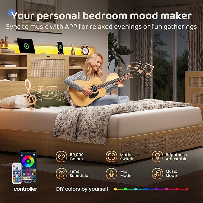 Queen Size Rattan Bed Frame with 4 Storage Drawers and Hidden Storage Headboard Wooden Platform Bed Frame with LED Lights and Charging Station, No Box Spring Needed, Easy Assembly, Natural