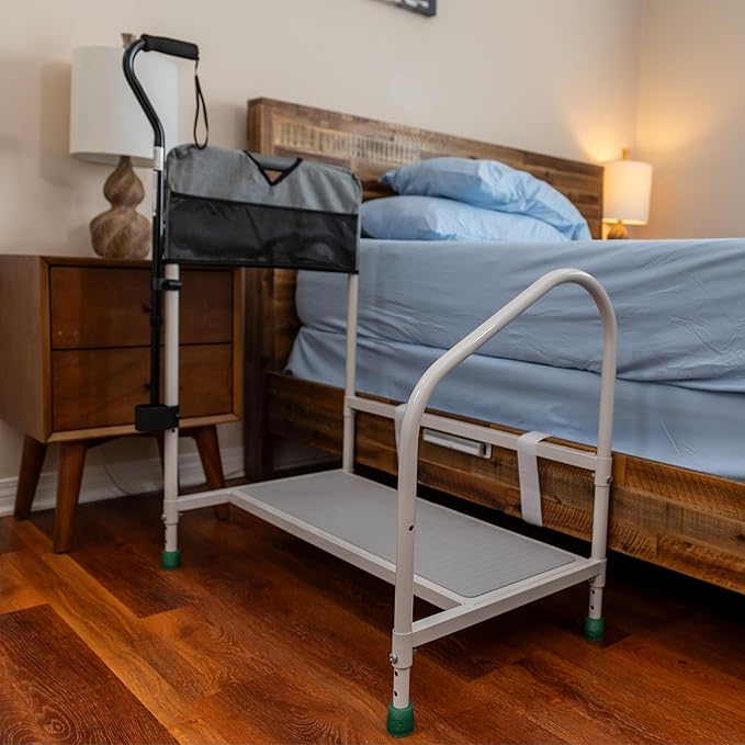 step2bed Deluxe Bed Rails for Elderly Adults - Adjustable Height Bed Safety Rail for Seniors with Cane Holder, LED Light, Mesh Bag, Handicap Grab Bars and More - Premium Bed Side Step Assist Device