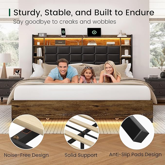 LARMACE Queen Size Bed Frame with 4 Storage Drawers and Bookcase Headboard, Faux Leather Upholstered, Wooden Platform Bed Frame with Charging Station and LED Lights, No Box Spring Needed, Brown