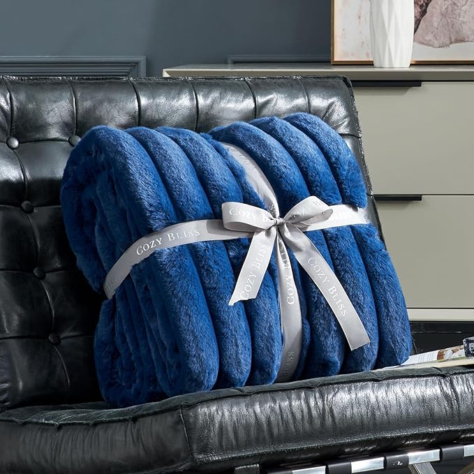 Cozy Bliss Faux Fur Throw Blanket for Couch, Cozy Warm Plush Striped Blanket for Sofa Bedroom Living Room, 90 * 90 Inches Navy Blue