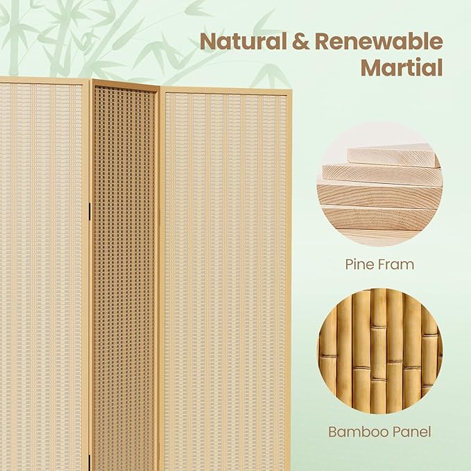 6 Panel Room Divider and Folding Screen,Bamboo Room Divider for Room Separation,67" H x 92.1" W