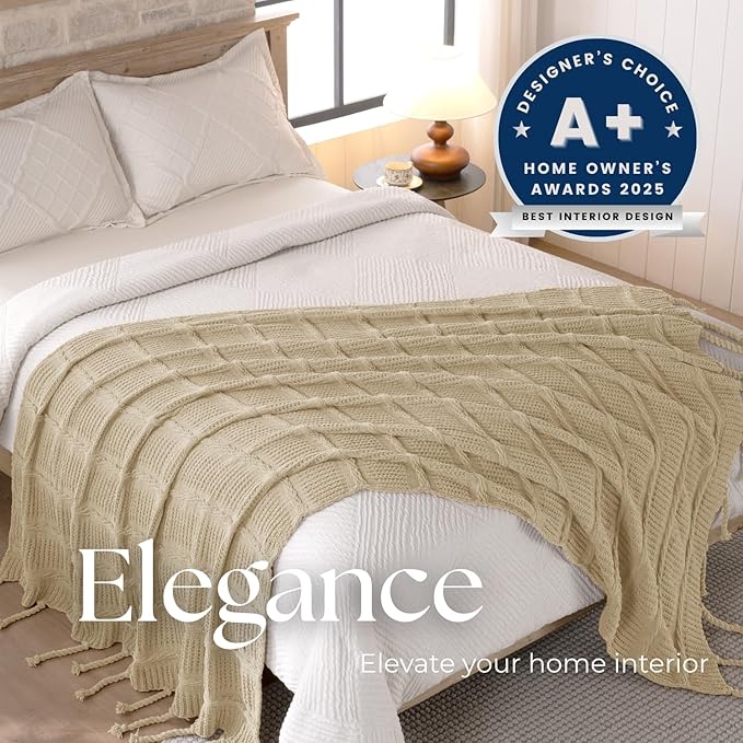 Boho Knitted Chenille Blanket with Tassels - Lightweight & Soft All-Season Throw - 3D Classic Pattern for Living Room Bedroom Couch, Sandy Beige, Throw 50"x60"