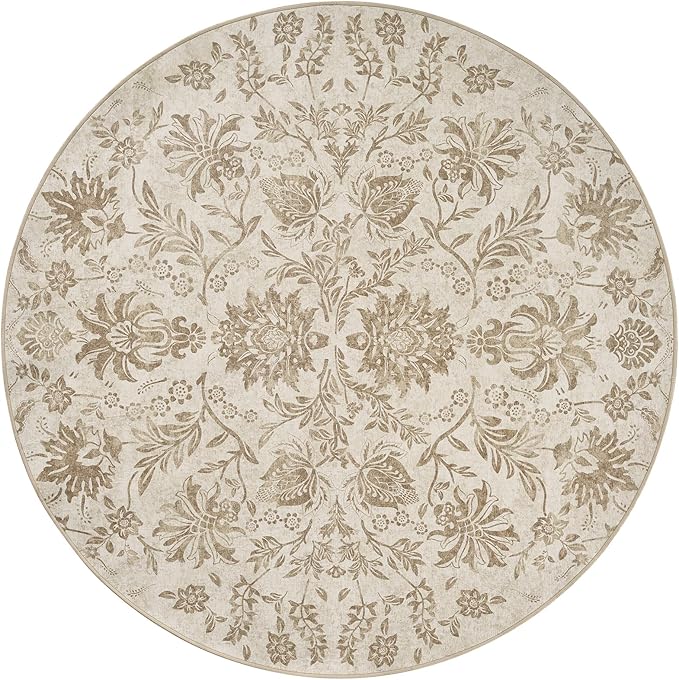 jinchan Torino Classic Floral Round Rug 6ft, Vintage-Inspired Neutral Design 6’Circle Rug, Machine Washable Ultra-Thin Low-Pile Non-Slip Indoor Carpet for Bedroom Living Room Entryway, Taupe