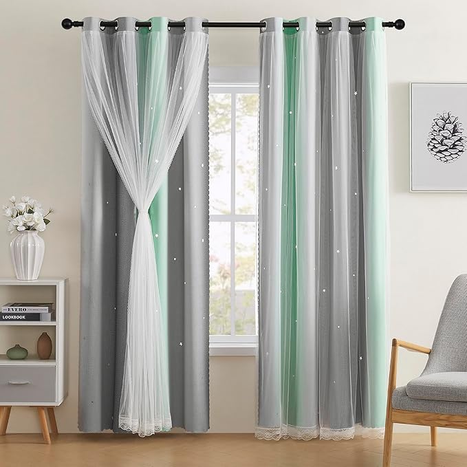 XiDi Blackout Curtains for Bedroom Decor - Rainbow Unicorn Wall Decals for Girl's and Kids' Room - Green Light Grey 52X84 Inch Long 1 Panel
