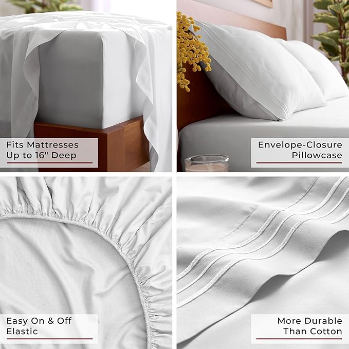 Mellanni Twin XL Sheet Set - 4-Piece Iconic Collection Bedding, (Including 2 Pillowcases), 16-Inch Deep Pocket, Easy Care, Extra Soft, Cooling Sheets, Brushed Microfiber - White
