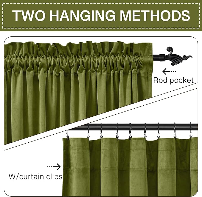 StangH Olive Green Velvet Curtains Light Blocking Bedroom Window Drapes Privacy Thermal Insulated Panels for Living Room Christmas Decor, W52 x L84, 2 Panels