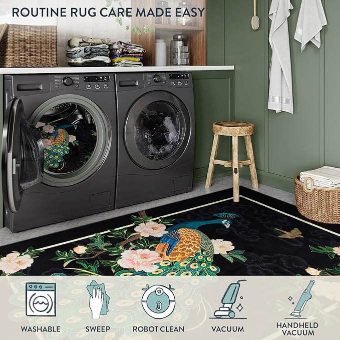 Lahome Peacock Area Rugs 8x10, Black Washable 8x10 Rugs for Living Room, Floral Non Slip Vintage Ultra-Thin Stain Resistance Large Carpet for Bedroom Office Farmhouse Dining Room, Black