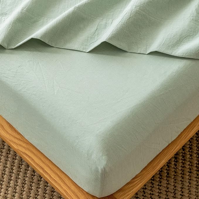MooMee Fitted Bottom Sheet Only 100% Washed Cotton Linen Like Textured Breathable Durable Soft Comfy Deep Pocket Fits Mattress up to 17" (Sage Green, Twin)