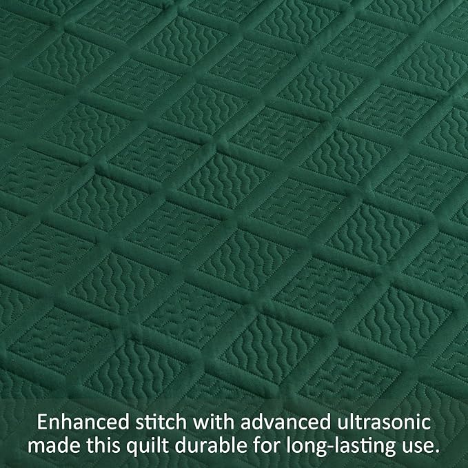 Yiran Quilts Queen Size, Emerald Green Spring Summer Bedspread Bedding Set, 3 Pieces Diamond Pattern Lightweight Microfiber Coverlet with 2 Pillow Shams for All Season 96x90 Inch