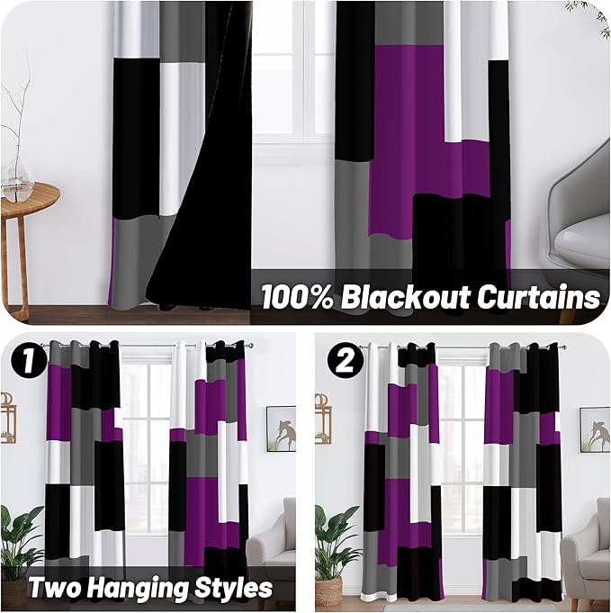 Purple 100% Blackout Curtains for Bedroom 63 inch Length 2 Panels Set Black Grey Modern Abstract Geometric Black Out Curtains Insulated Room Darkening Window Drapes for Living Room, 52Wx63L