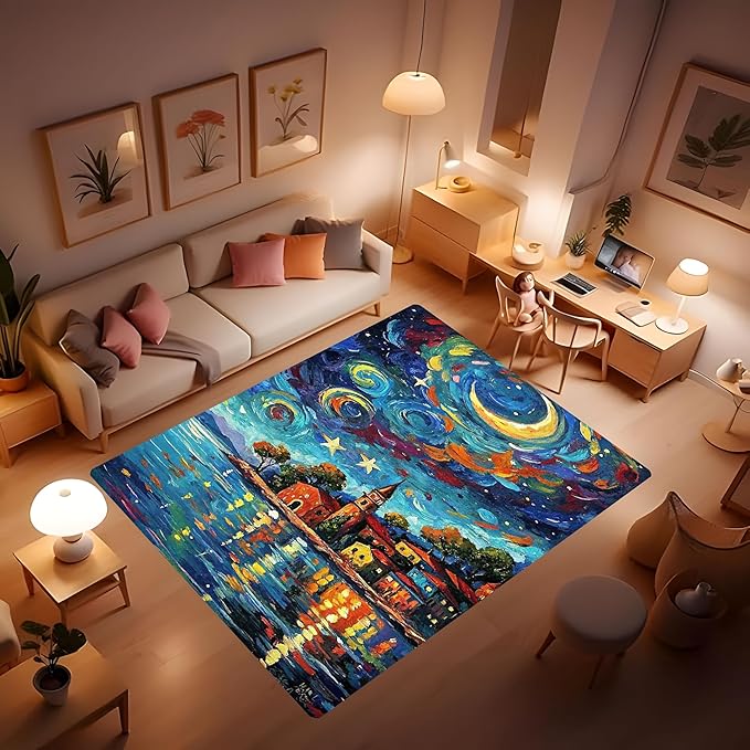 Machine Washable 3' x 5' Seaside Villages and Churches Area Rug, Bule Floor mat, Suitable for bedrooms, Girls' Room Bedside, Living Room, Dining Room, Office, Non-Slip Low-Pile Night Sky Carpet