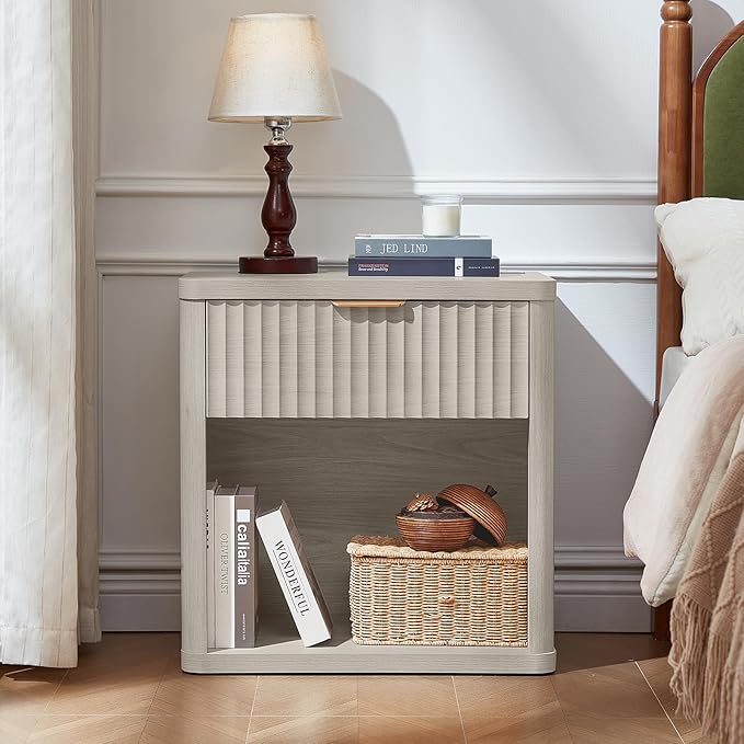 LEYAOYAO 23" Wide Fluted Night Stand with Charging Station, 1 Drawers Large End Table with Storage, LightGrey Nightstand Wood Bedside Tables, Farmhouse Cabinet Dresser for Bedroom, Closet