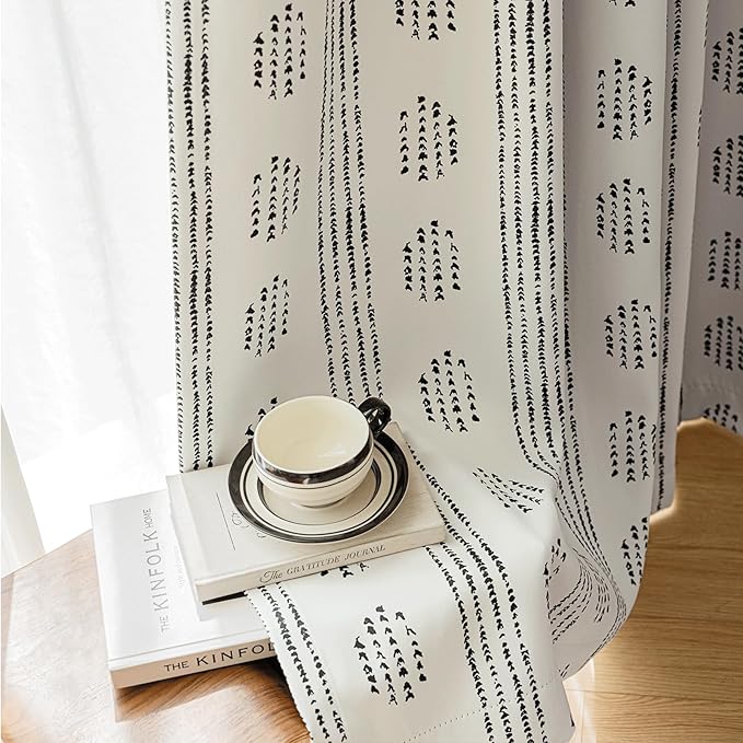 100% Boho Blackout Curtains 84 Inches Long for Bedroom, Black on Beige Patterned Bohemian Curtains for Living Room, Geometric Striped Thermal Insulated Window Drapes Gromment Top 2 Panels