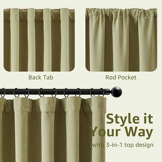 jinchan Chenille Blackout Curtains 96 Inches Long 2 Panels Sage Green Thermal Insulated Curtains for Living Room Bedroom Back Tab Window Curtains Triple Weave Noise Reducing Drapes 50x96 Inch
