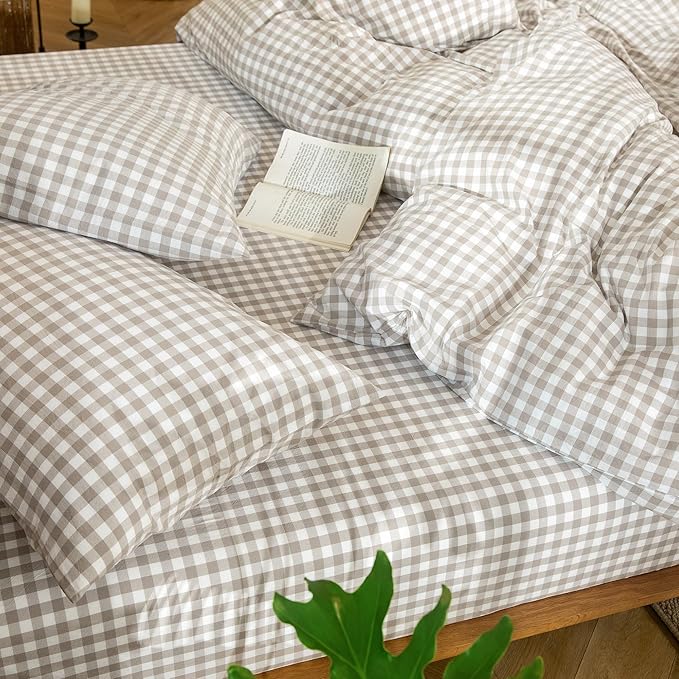 MooMee Gingham Duvet Cover Set 100% Washed Cotton Linen Like Textured Breathable Durable Soft Comfy Modern Checkered Design (Tannish Linen Grey Gingham, Oversized Queen 98"x98")