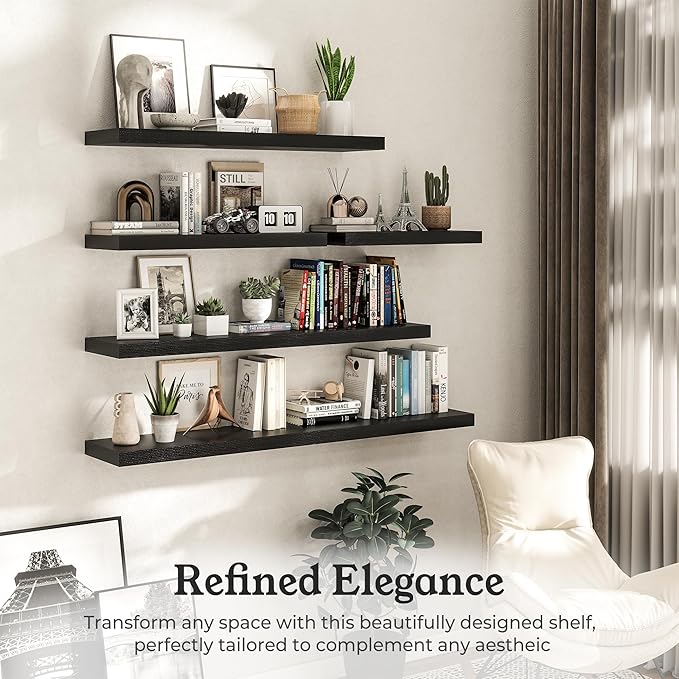 Floating Shelves for Wall, 9.3" Deep Wall Mounted Wood Shelves for Bathroom, Bedroom, Living Room, Kitchen, Hanging Shelf for Books/Storage/Room Decor (Black, 55")
