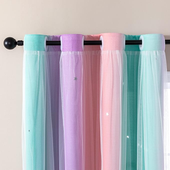 XiDi Curtains for Bedroom Decor, Rainbow PinkPuGreen-34-45