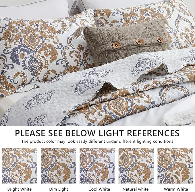 CHIXIN Oversized Queen Bedspread - Luxury Collection - European Damask Paisley Pattern - Classic & Gorgeous Bedding Cover, Lightweight, Ultra Soft, 5 Piece, 100% Microfiber, White/Khaki/Grey