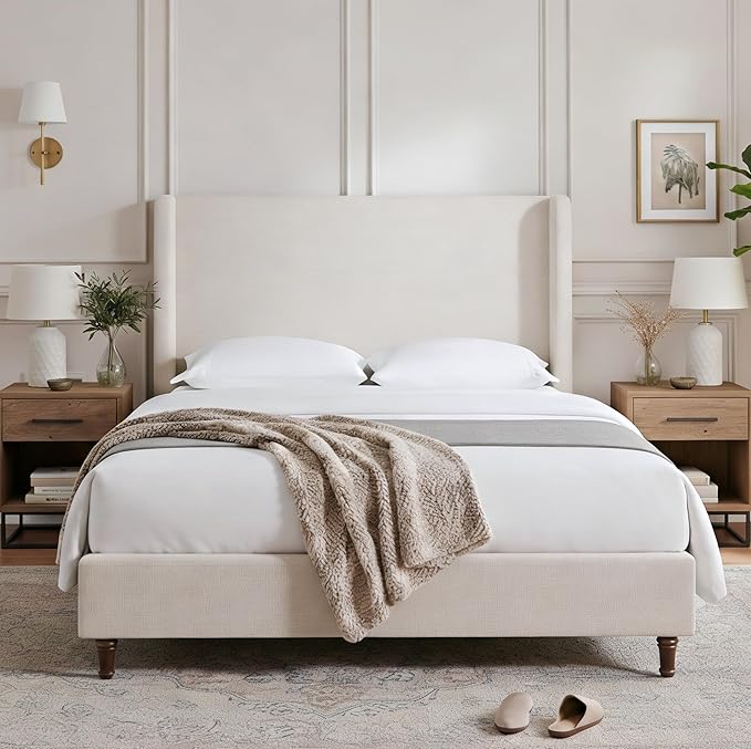 Harper Upholstered Bed with 54" Tall Headboard - Wingback Chenille Platform Bed Frame, Solid Wood Feet, Sturdy Metal Base, Easy Assembly (Textured Ivory, King (U.S. Standard))