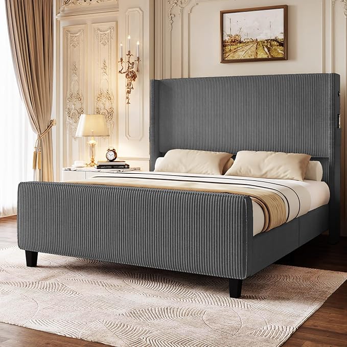 Queen Size Bed Frame with Headboard, Upholstered Platform Bed with Tall Wingback Headboard & Footboard, Corduroy Bed Frames with USB Ports, Easy Assembly, Gray